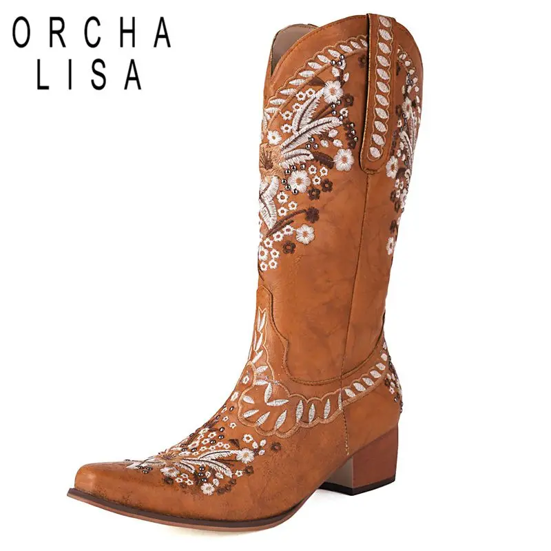 

ORCHALISA Leisure Female Western Boots Embroider Plus Size 41 42 43 Daily Mid Calf Booties Square Toe Block Heels 4.5cm Slip On