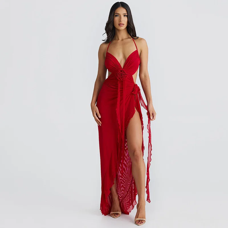 

2025 New Style Personality Temperament Halter Deep V-Neck Off-Shoulder Rose Ribbon High Slit Hollow Waist Dress
