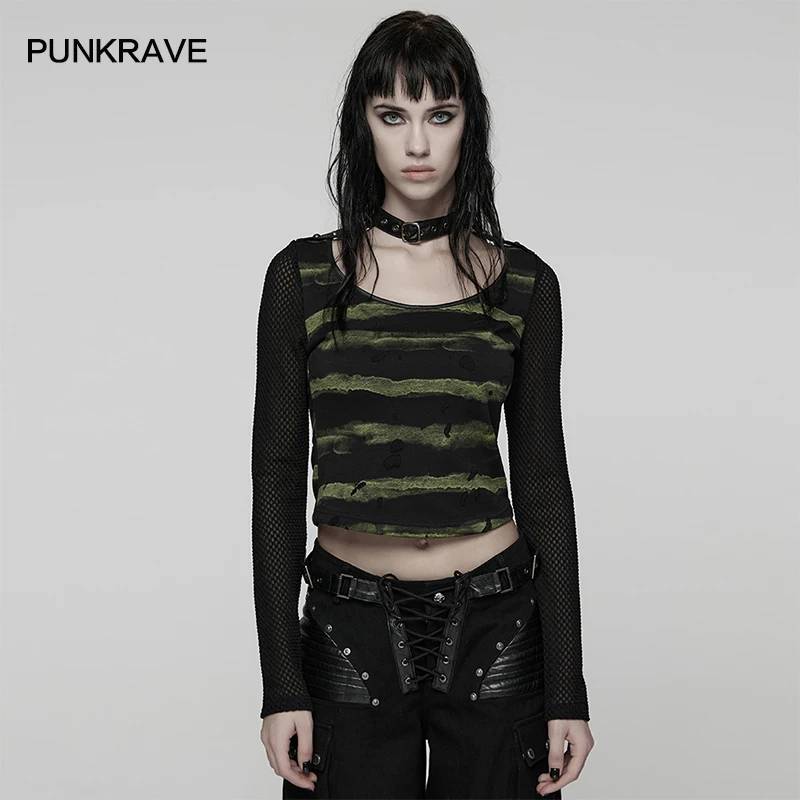 PUNK RAVE Women's Punk-style Stripes Classic Element Transparent Feel Mesh Arms Cool T-shirt Daily Tattered Unique Tees 2 Colors