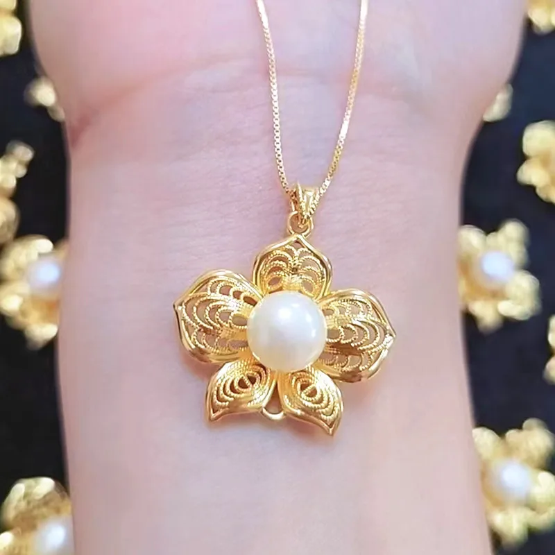 SMILE Real 18K Gold Peony Pearl Pendant Au750 Full body 18K Gold Hollow Vintage Flower Pendant Women's Fine Jewelry Gift D0049