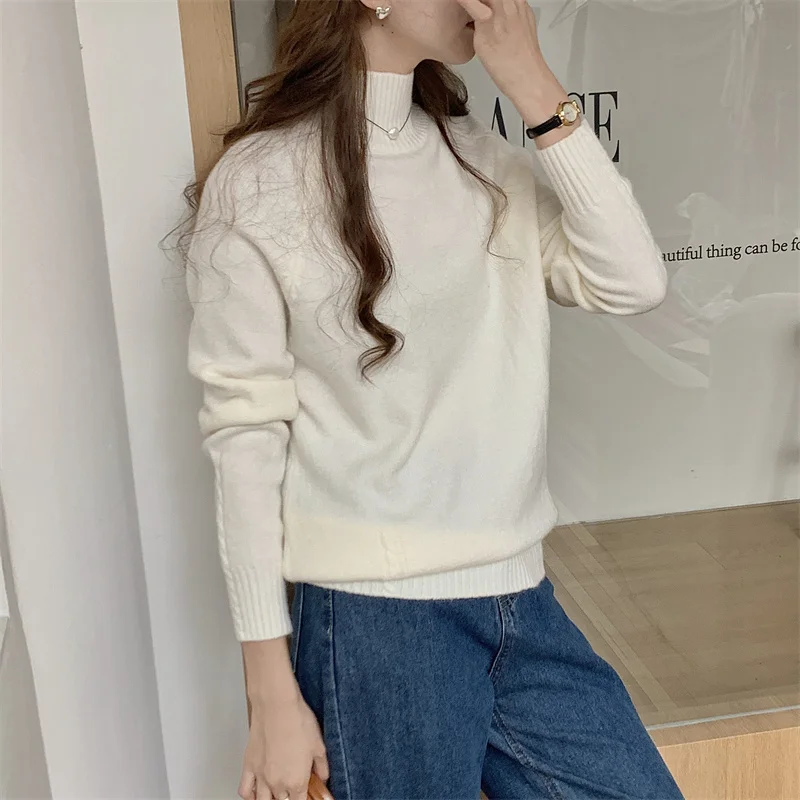 

REALEFT осенне-зимняя вязаная водолазка, женские свитера, корейские однотонные повседневные пуловеры с длинными рукавами, новинка 2023 года