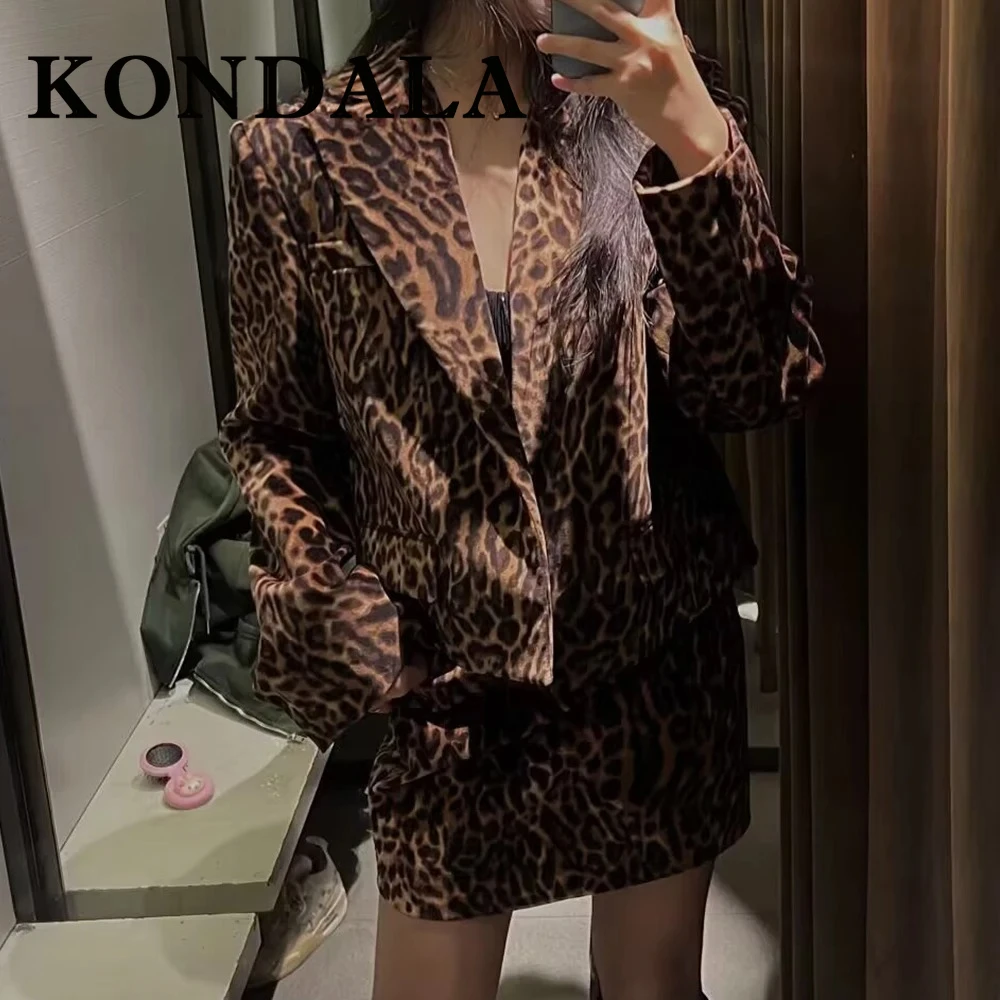 KONDALA Leopard 2025 Autumn Animal Print Vintage Women Velvet Suits Single Breasted Blazer+ Mini Sheath Skirt Fashion Sexy Suits