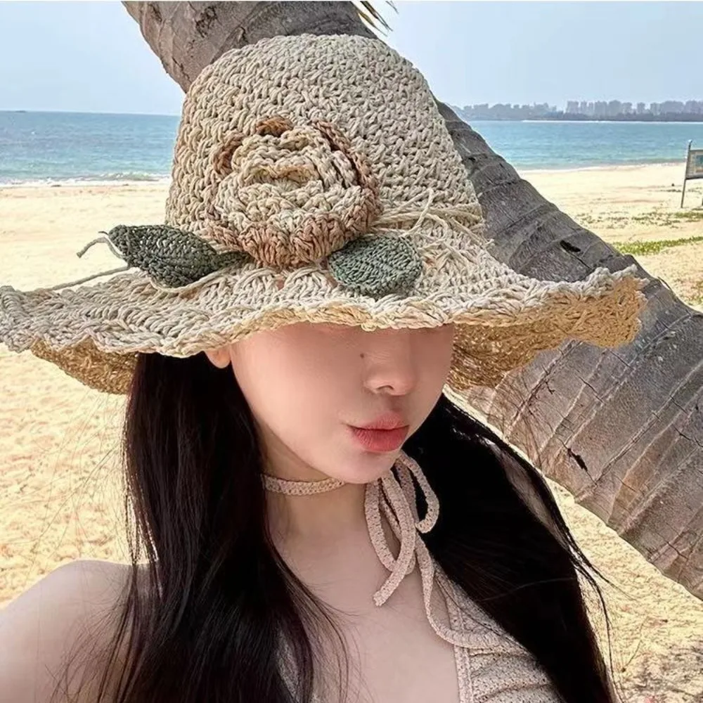 

Elegant Straw Hats New Crochet UV Protection Sun Visor Hat Foldable Ruffle Detail Beach Hat Womens