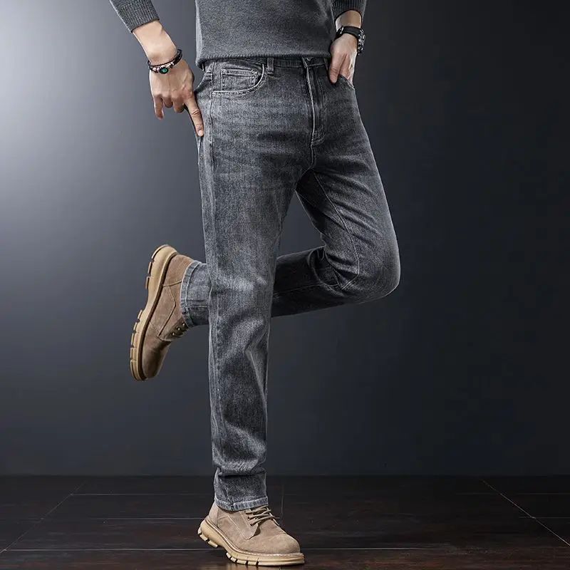 الفاخرة الخريف الشتاء سميكة لينة الجينز الرجال مرونة الخصر فضفاض مستقيم التنفس سراويل جينز الذكور موضة تنوعا بنطلون