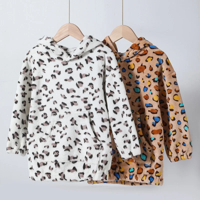 

Spring Autumn Children's Girls Boys Hoodie With Leopard Print And Thickened Coral Fleece Hooded Sweatshirt