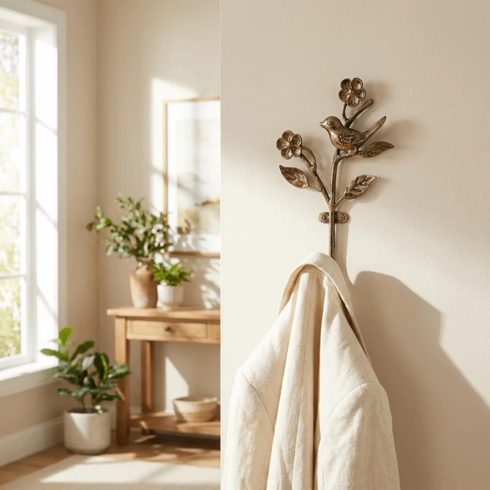 Home Decoration Vintage Cast Iron Key Hook Rustic 3D Flower Bird Design Wall Decorative Hook Sturdy Coat Hook Office