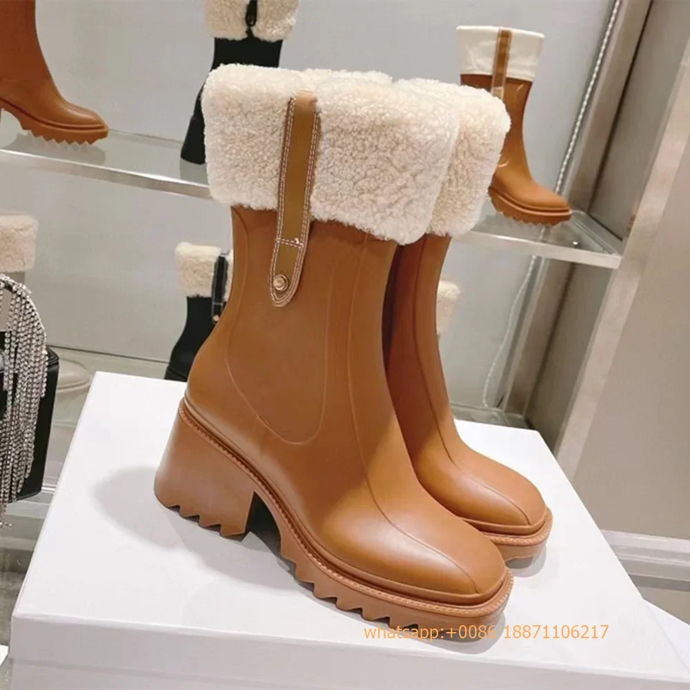 Oryginalne skórzane buty damskie z owczej wełny 2024 Jesień Nowa moda Casual Zipper Mid-Tube Rain Boots Gruba podeszwa Okrągłe buty rycerskie