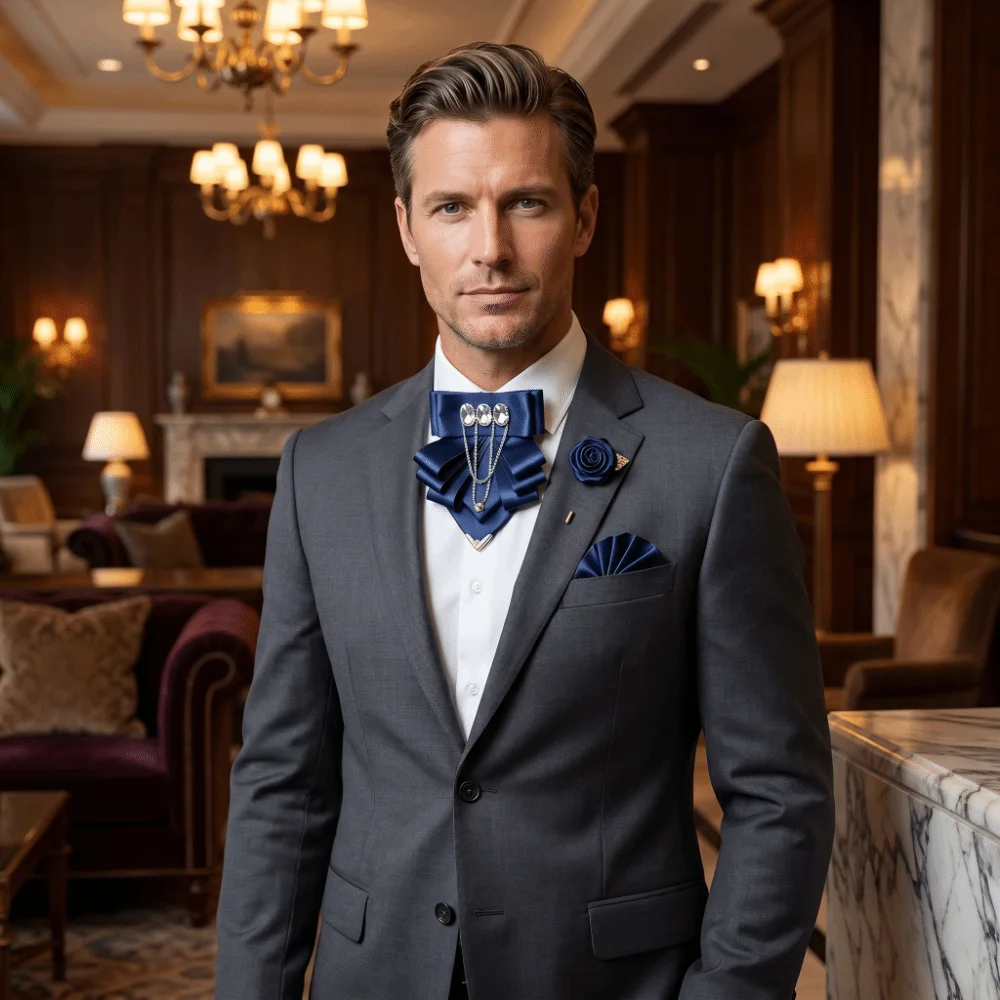 3 pcs/set Tassel Bow Tie Brooch Set Exaggerated Collar Luxury Pocket Square Set Rhinestone Polyester Wedding Accessory Set Men