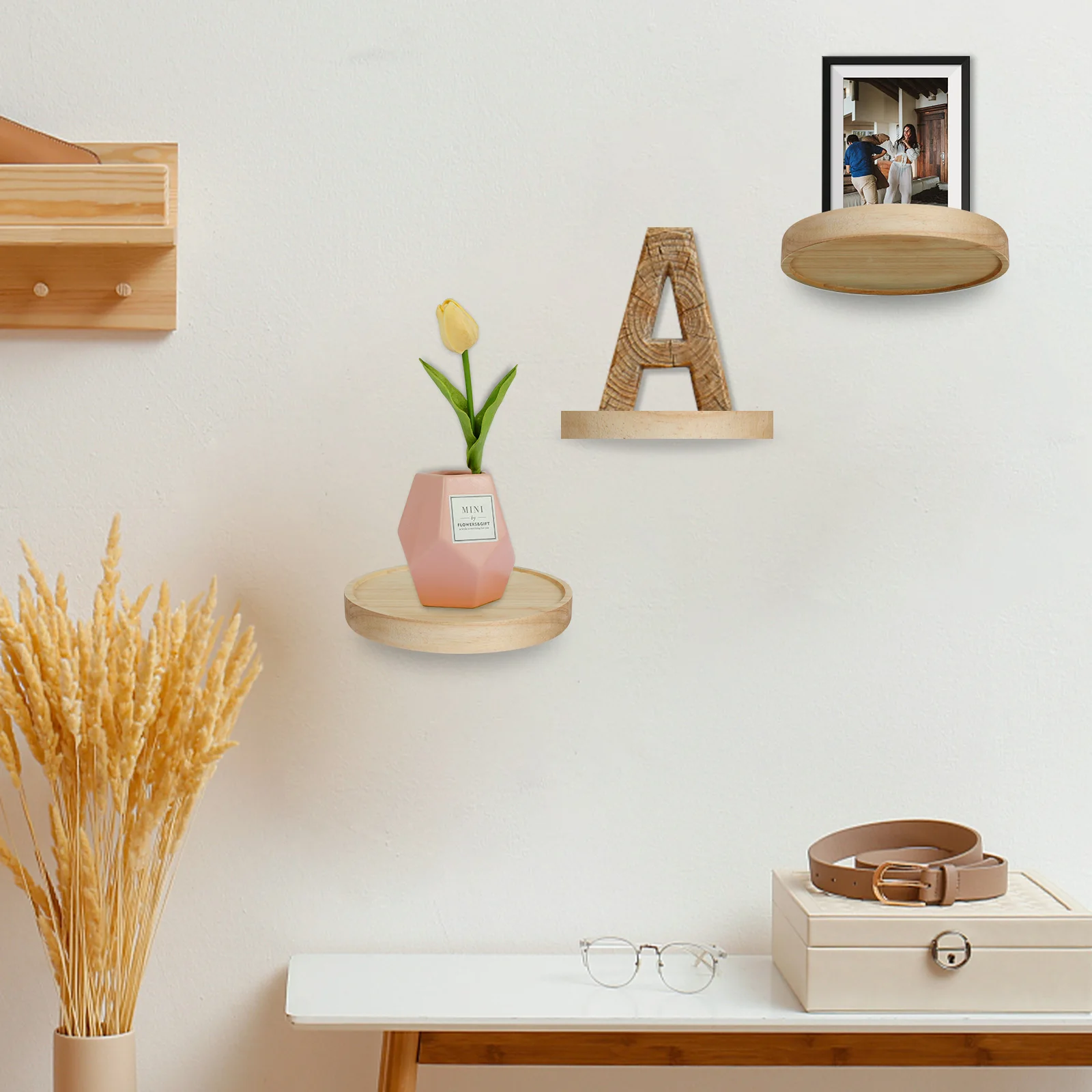 

3Pcs Wall Shelves Set Oak Wood Round Floating Shelf Wall Mounted Plant Shelf Hanging Shelf Wall Decoration Set Mini Rustic Wall