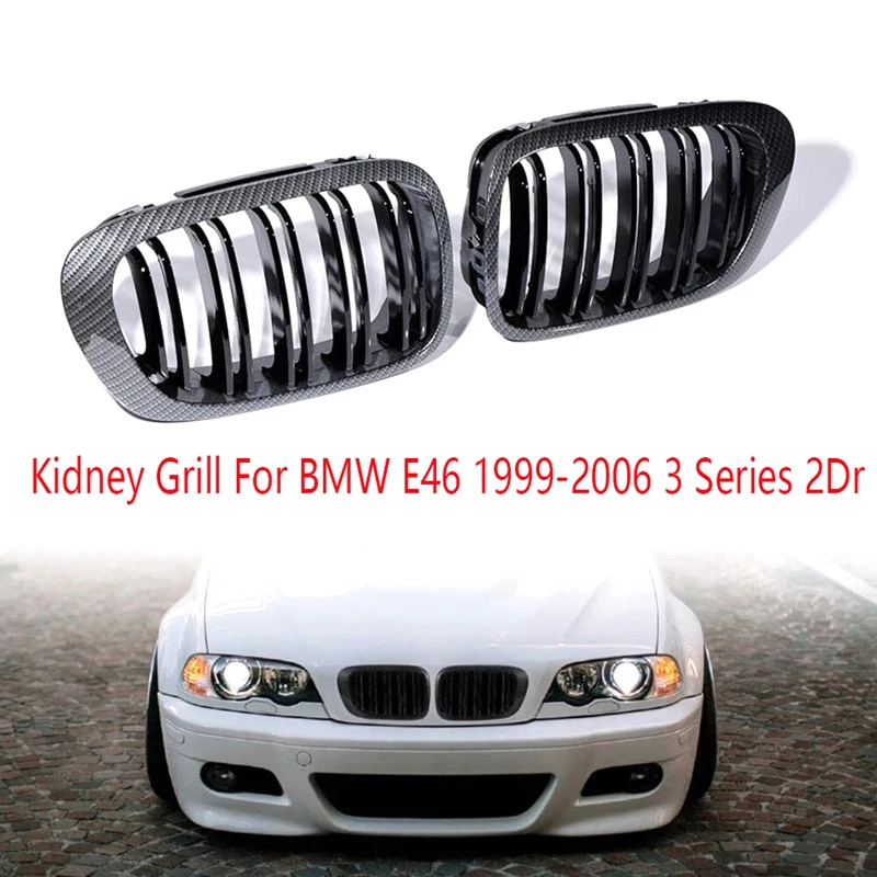 Front Bumper Kidney Grill Accessories Dual Slat Grilles For BMW E46 1999-2006 3 Series 2Dr Carbon Fiber