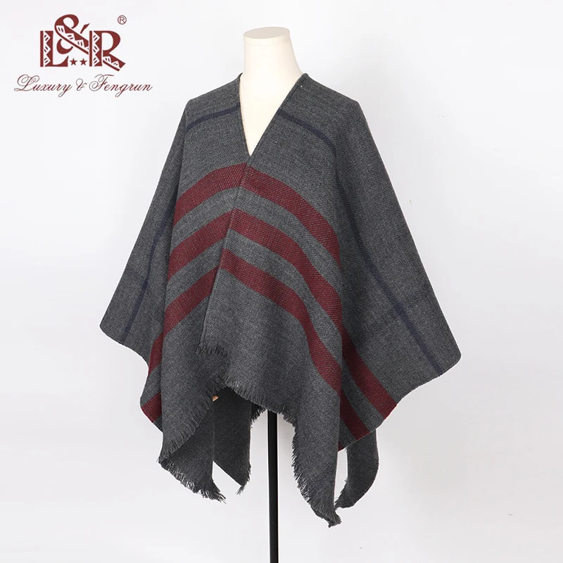 Ponchos de Cachemira a rayas para mujer, bufandas gruesas y cálidas, prendas de vestir, chal, Pashmina, moda de invierno, 2023