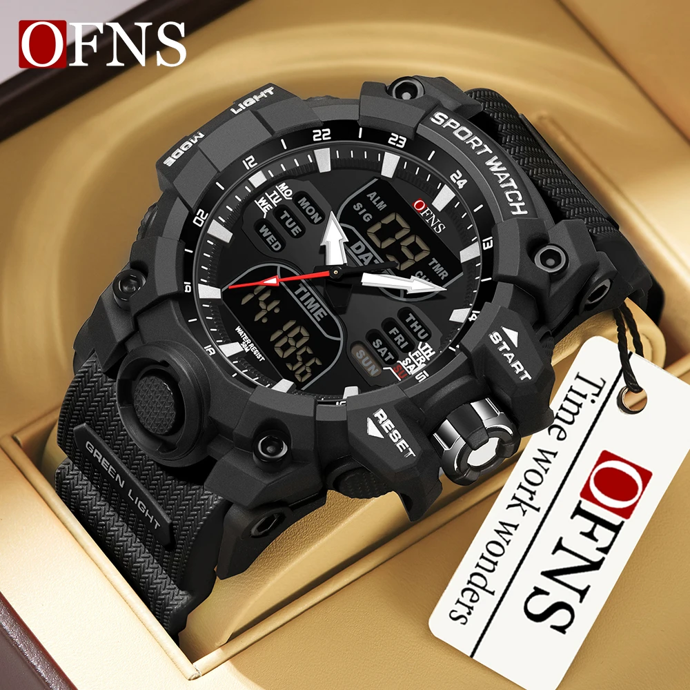 OFNS Dual Display Men Watches Waterproof Sports Watch Military Man Alarm Stopwatch Quartz Wristwatch Male Digital Clock 6126