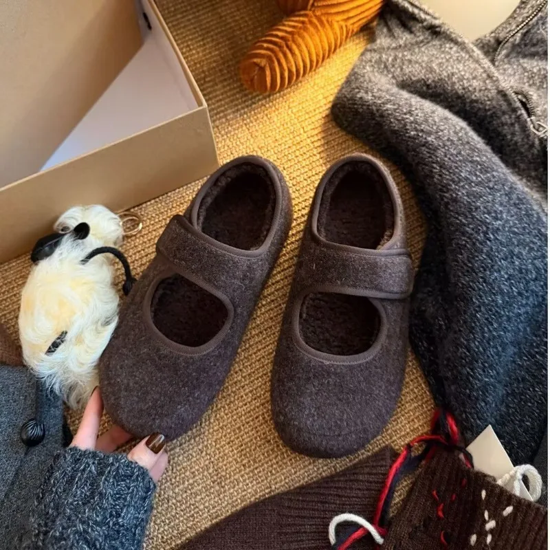 Grey Woolen Platform Shallow Mouth Mary Jane Shoes Women's 2025 Winter New Velvet Thermal Woolen Cotton Shoes