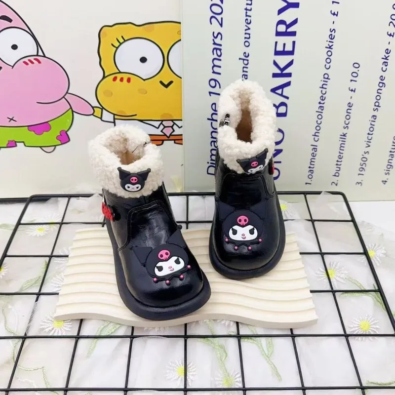 

Kuromi Ins, модные детские сапоги Kawaii Sanrio, милые кожаные ботинки с героями мультфильмов и флисовой обувью, подарки на день рождения для девочек