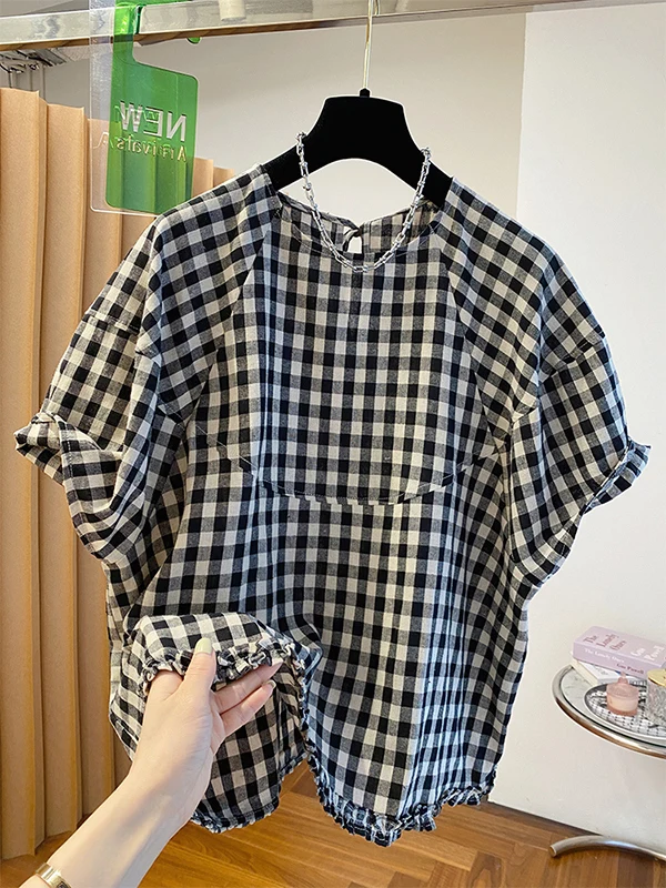 

Bla White Plaid Cotton Linen ort Sve irt Женский летний свободный утягивающий повседневный льняной топ с подолом