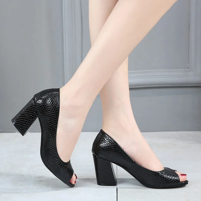 

Thick Heeled Black Pu Leather Office Ladies Pumps Plus Size 42 Peep Toe High Heels Shoes Woman Spring 2023 Classic Women Shoes