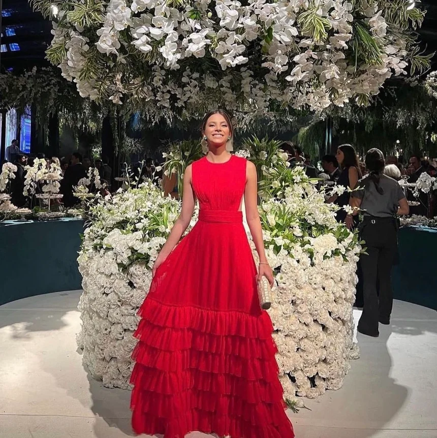 OIMG Custom Red Exquisite A-Line Sleeveless Tiered O Neck Evening Night Gown Long Evening Dresses Dubai Arabic  Club Prom Gowns