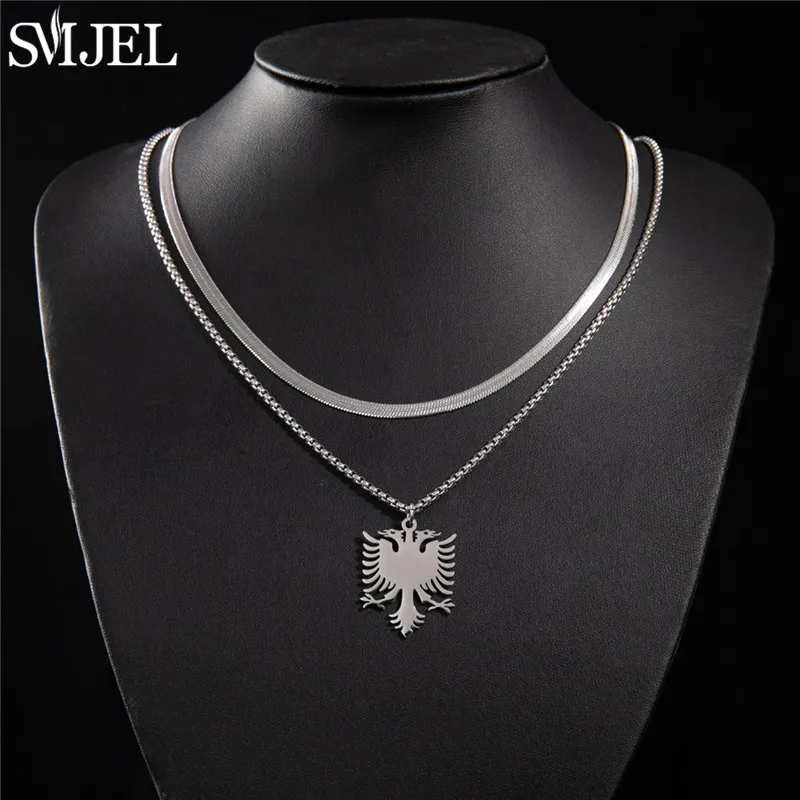 2pc Punk Albania Eagle Pendant Necklaces for Men Silver Color Personality Eagle Necklace Long Chain Stainless Steel Jewelry Gift