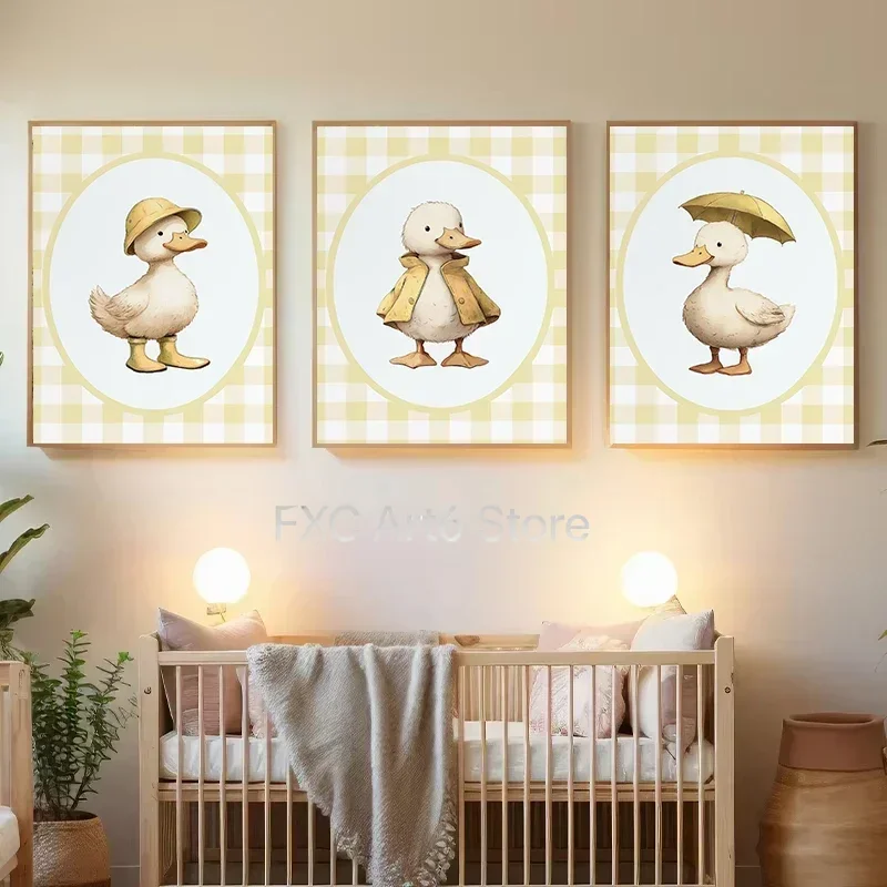 1PCS frameless Canvas Painting Cuadro Decorativo De Pato Amarillo A Cuadros Para Cuarto De Bebé,  Para Decoración De Paredes De