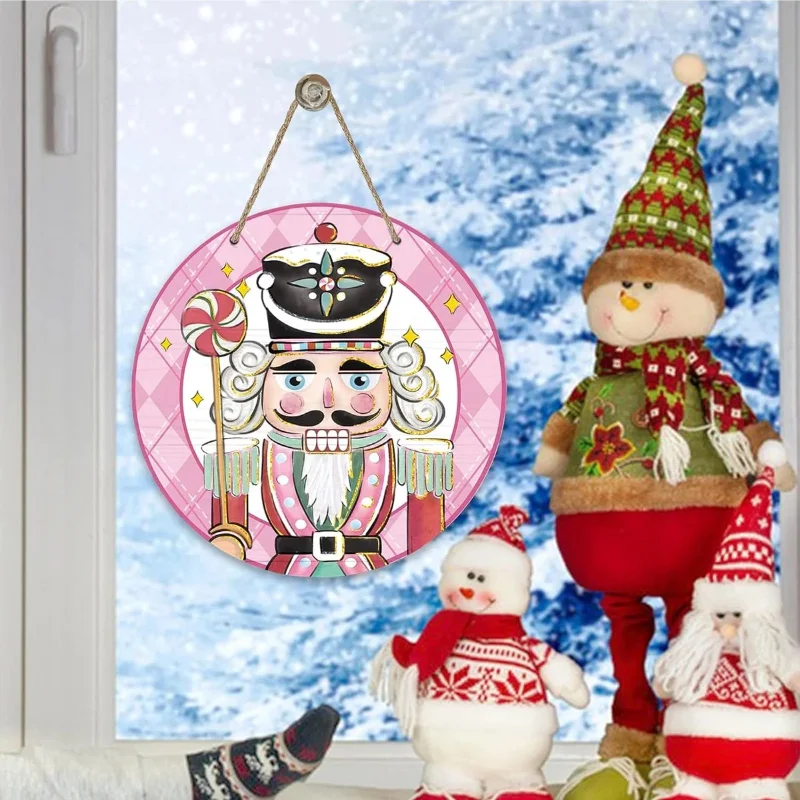 1pc Pink Santa Nutcracker Door Hanger Plaid Wooden Christmas Soldier Candy Decor Farmhouse Holiday Wreath Wall Hanging Supplies