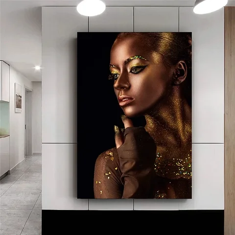 Pinturas en lienzo de mujer africana negra y dorada elegante, carteles desnudos sexys, impresiones de arte de pared para decoración de sala de estar