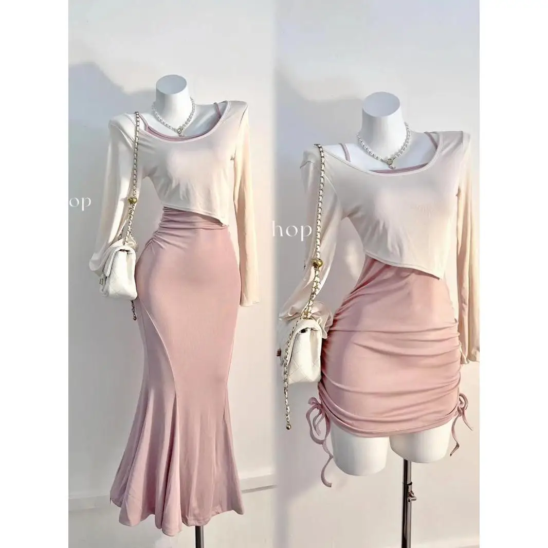 

Japan Pink One-Shoulder Style Hip-Hugging Skirt Long-Sleeved Blouse Two-Piece Set For Women In Autumn