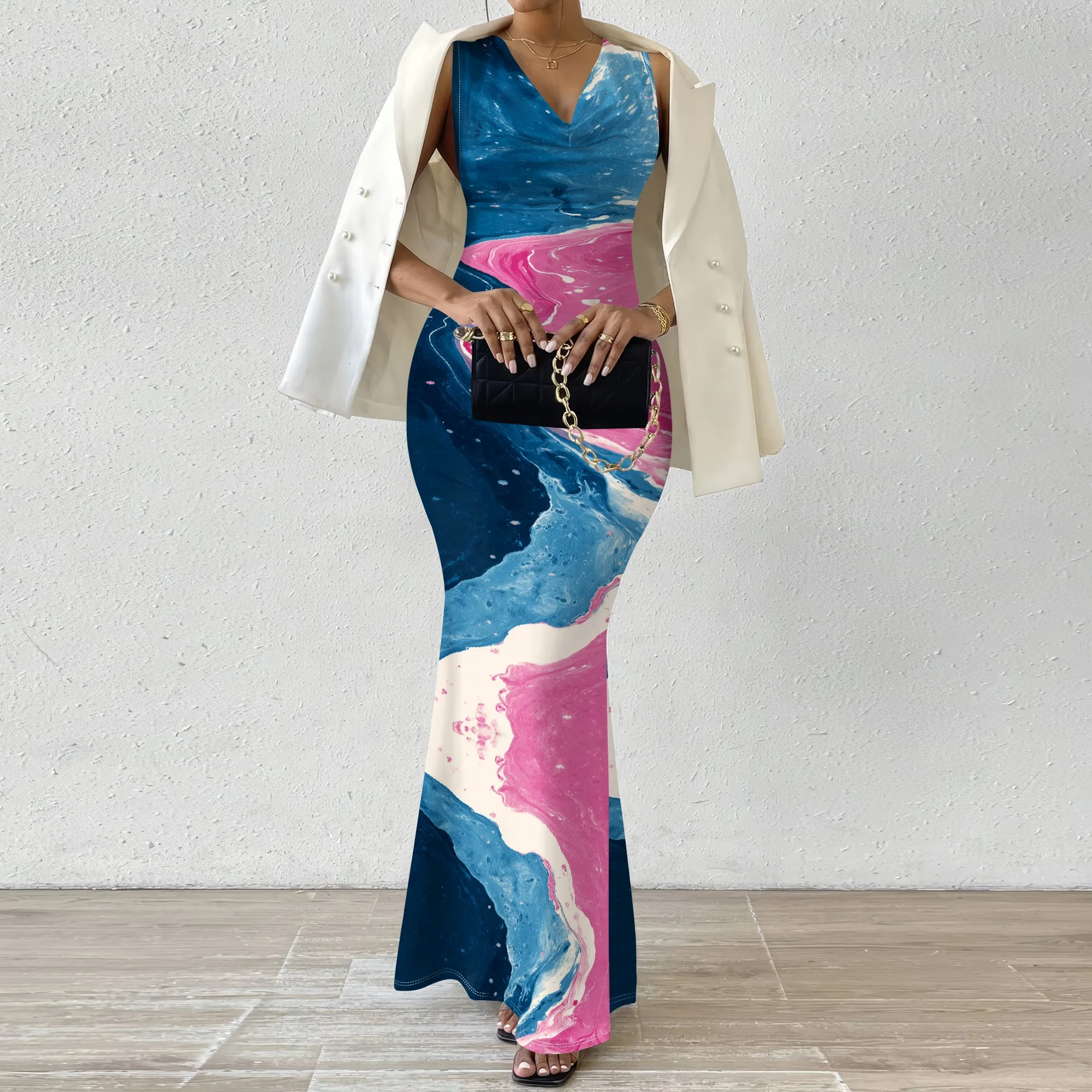 

V-Neck Colorful Abstract Marble Print Maxi Dress - XS-2XL Sleeveless Bodycon Dress for Cocktail Parties & Special Occasions