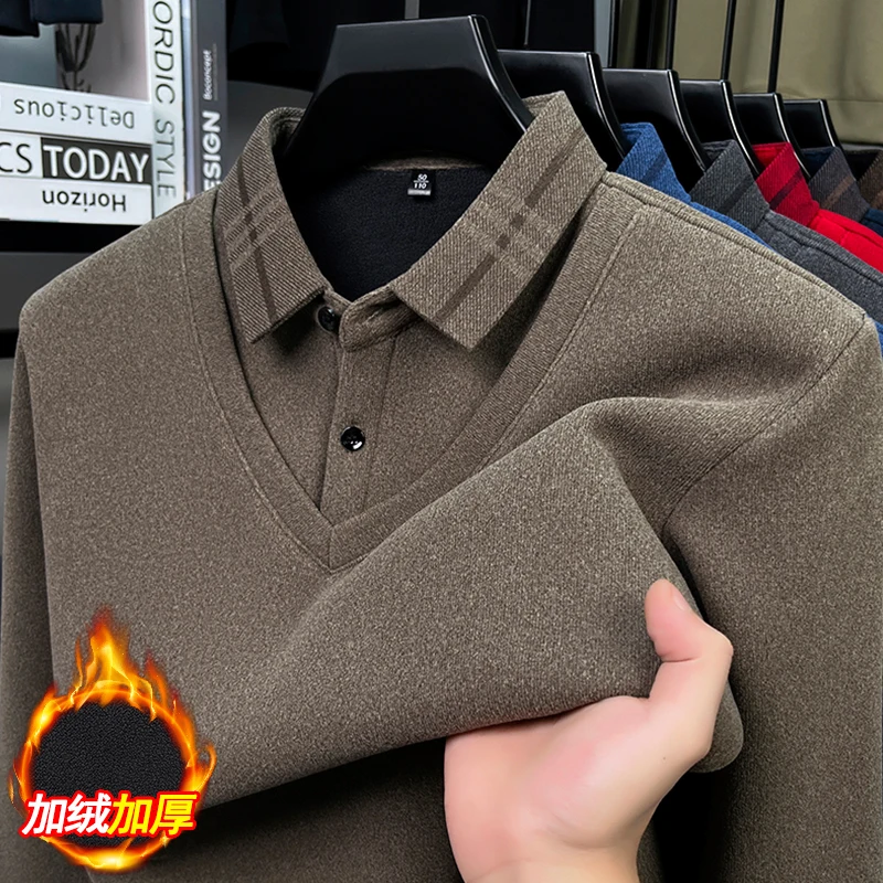2025 جديد وهمية قطعتين سترة الرجال الشتاء أفخم سميكة قميص طوق جديد دافئ محبوك أسفل رداء علوي من الصوف #4