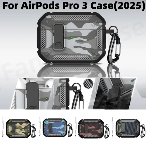 Imagen 1 del producto Funda gris camuflaje para AirPods Pro 3 2025, funda con cerradura para hombre, funda protectora militar resistente con Kit de limpieza para AirPods Pro 3