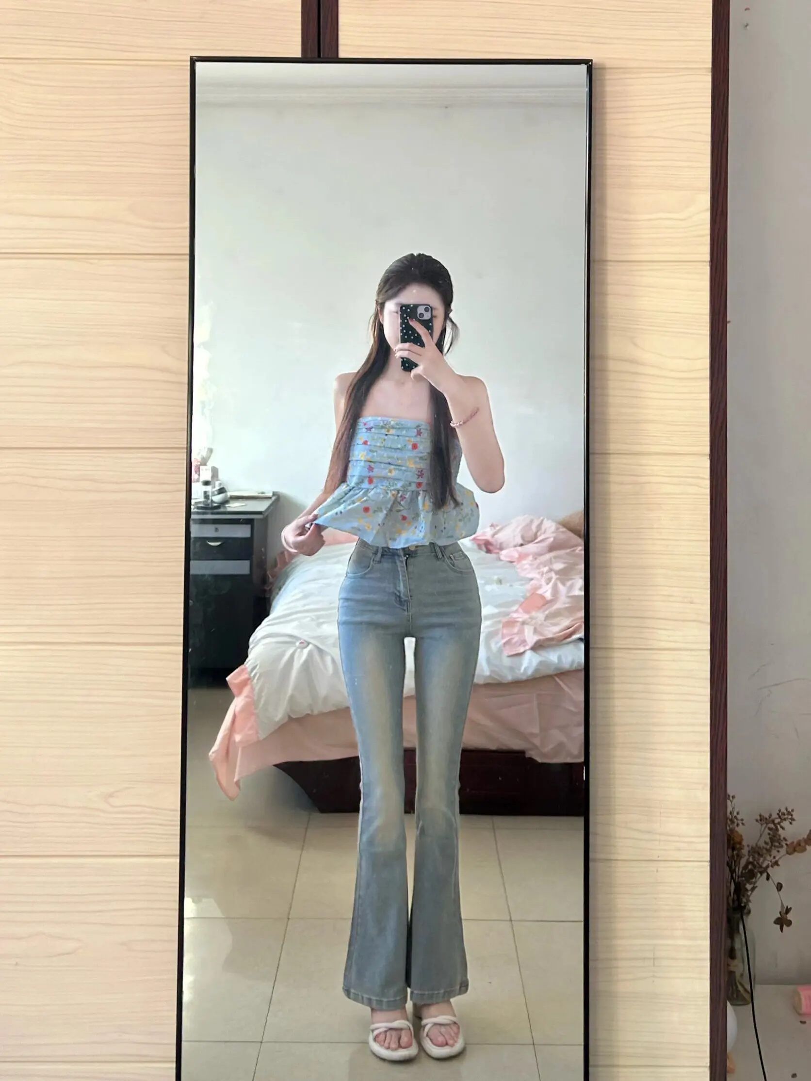 

Light Blue High Waist Slim Fit Bell Bot Jeans Women's Summer Small Size Straight Leg Jeans Hoof Pants