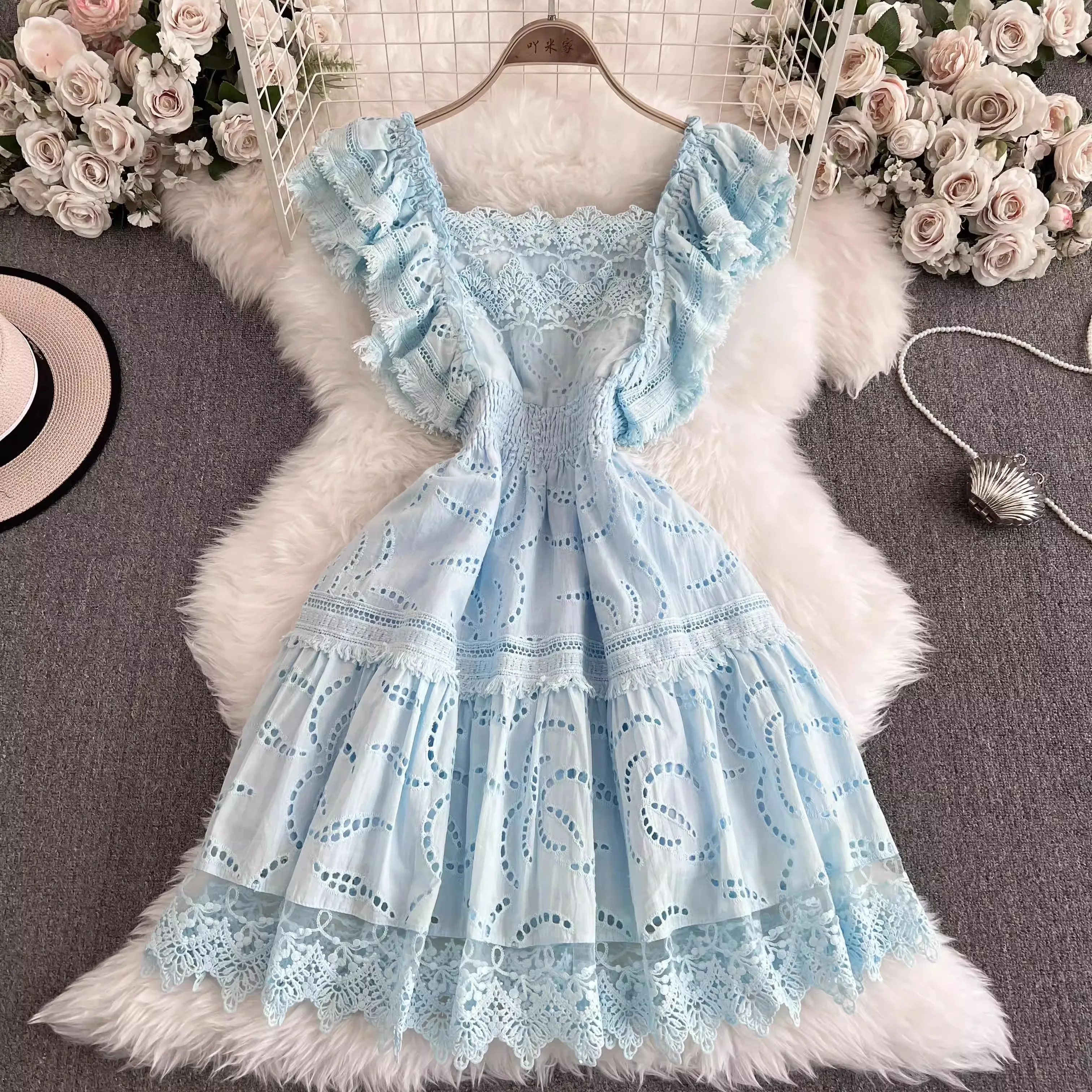 Holiday Crochet Lace Hollow Out Embroidery Cotton Dresses Women's Square Collar Ruffles Flying Sleeve Solid Mini Party Vestidos