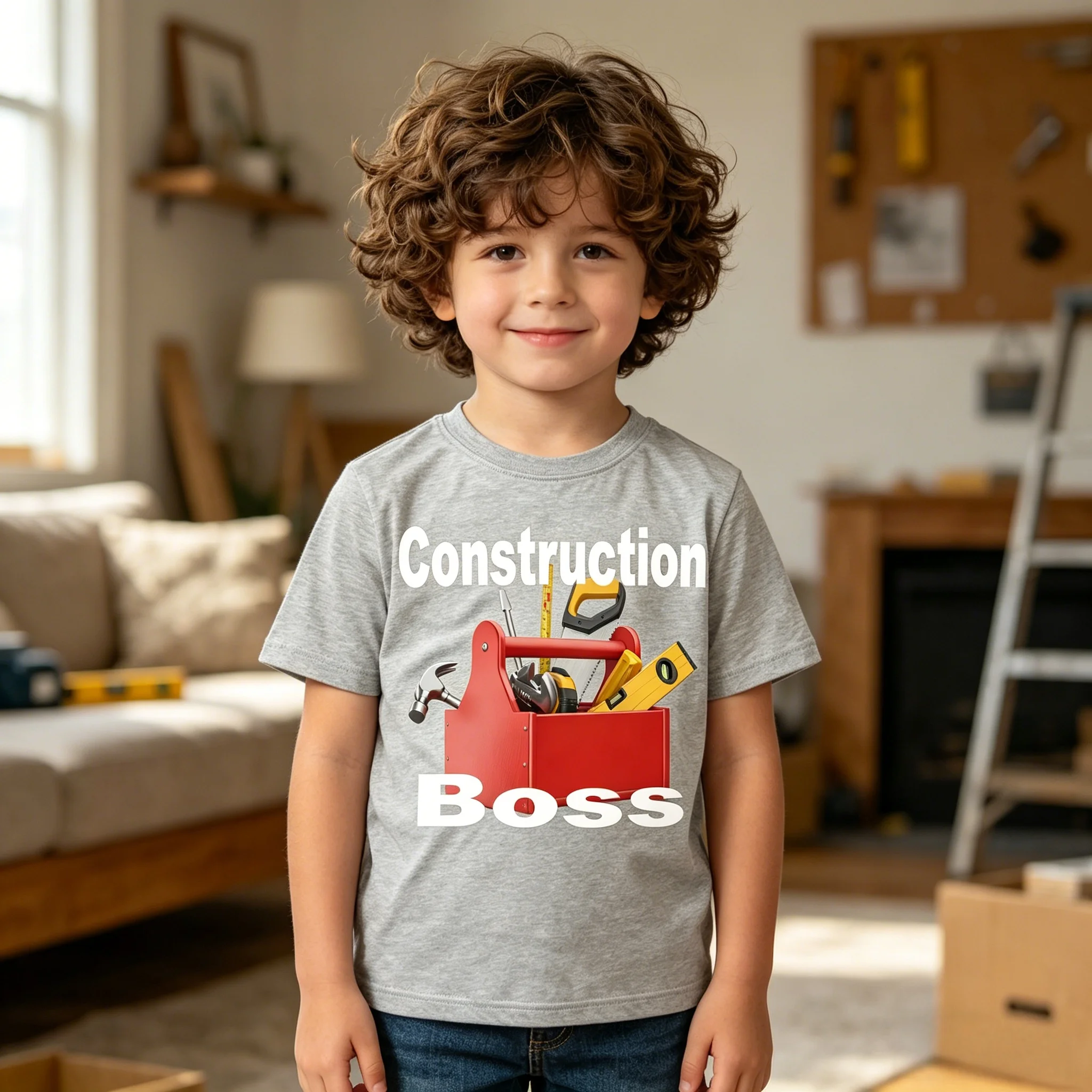 Kids Construction Boss Graphic Tee Loose Casual Fit Soft Breathable Cotton for Daily Outdoor Activity Multiple Sizes