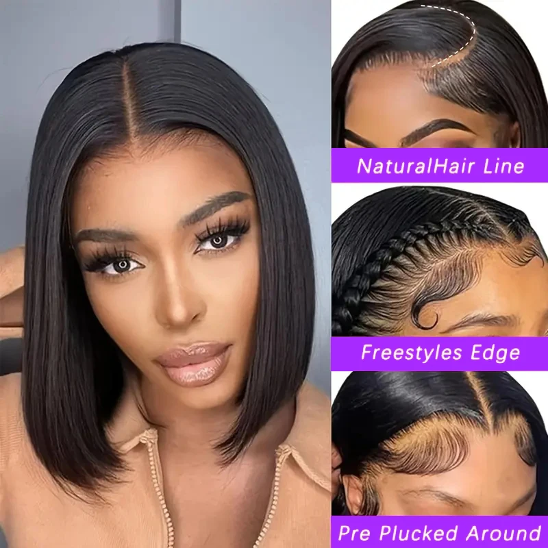 13x4 مستقيم الدانتيل أمامي بوب شعر مستعار 200% الكثافة قبل قطعها خصلات الشعر المستعار الإنسان البرازيلي ريمي بوب شعر مستعار للنساء أسود طبيعي # 1ب