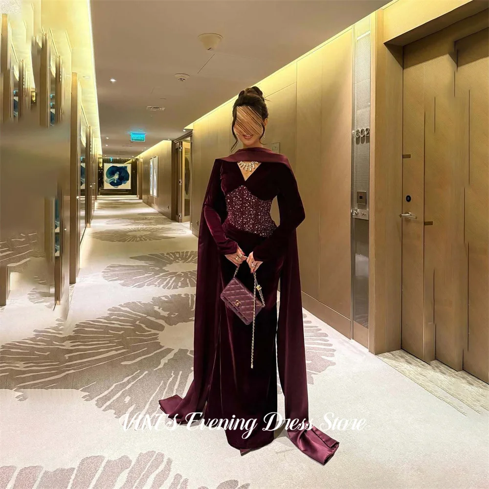 

VINES Burgundy Velvet Party Dress with Beaded Evening Dress Long Sleeves فساتين السهرة Elegant Gala Dress Customized