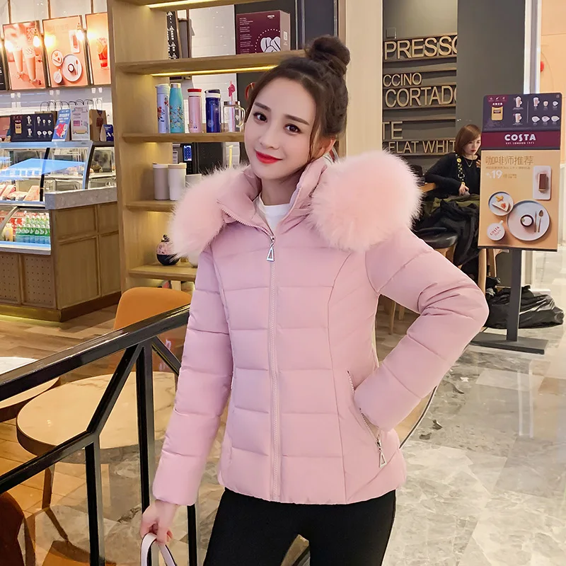 Hooded Women Parkas Coat Short Jacket Solid Oversize Fur Collar Long Sleeve Zipper Slim Fit Thick Office Lady Casual Winter 2025