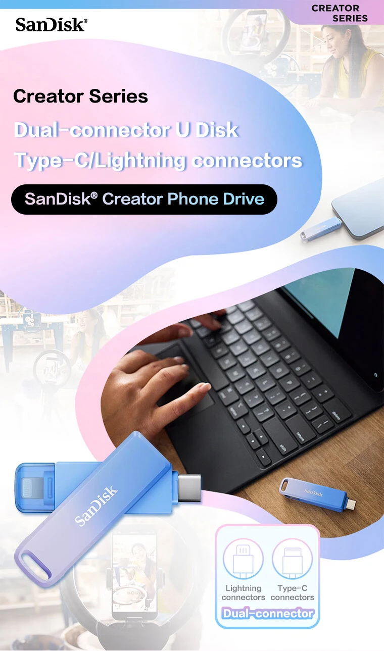 SanDisk Creator Phone Drive Typ-C und Lightning USB 3.2 Flash-Laufwerk für iPhone 13 14 und Smartphone 128GB 256GB Pendrive U Disk – Detail 1