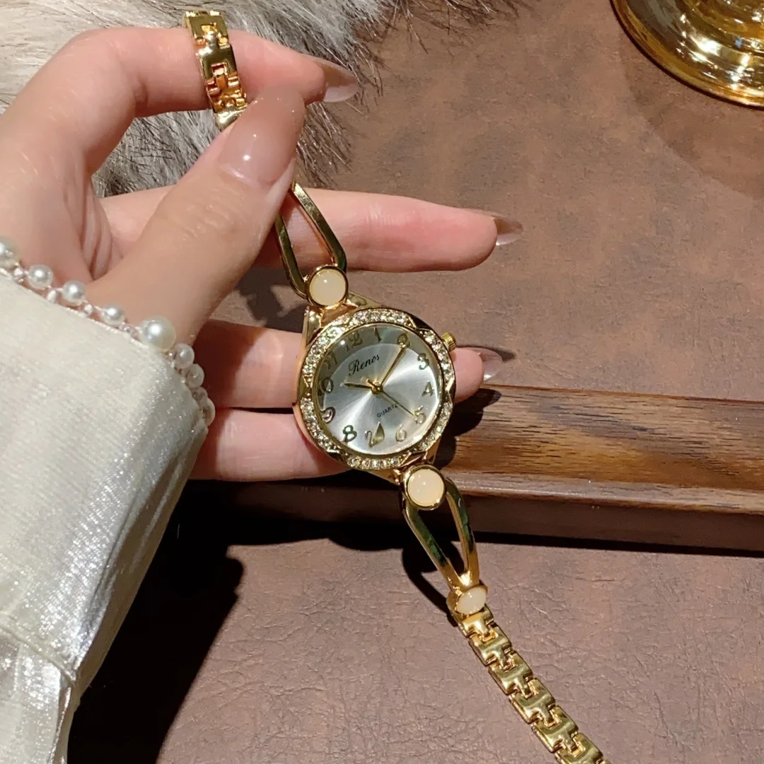 

Женские кварцевые часы с круглым циферблатом, модный браслет со стразами, золотые женские часы с камнем, женские наручные часы Reloj Mujer