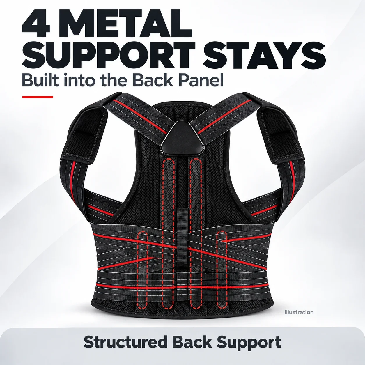 Posture Corrector Back Brace with 4 Metal Stays, Adjustable Shoulder and Waist Support Belt, Breathable Mesh for Adults