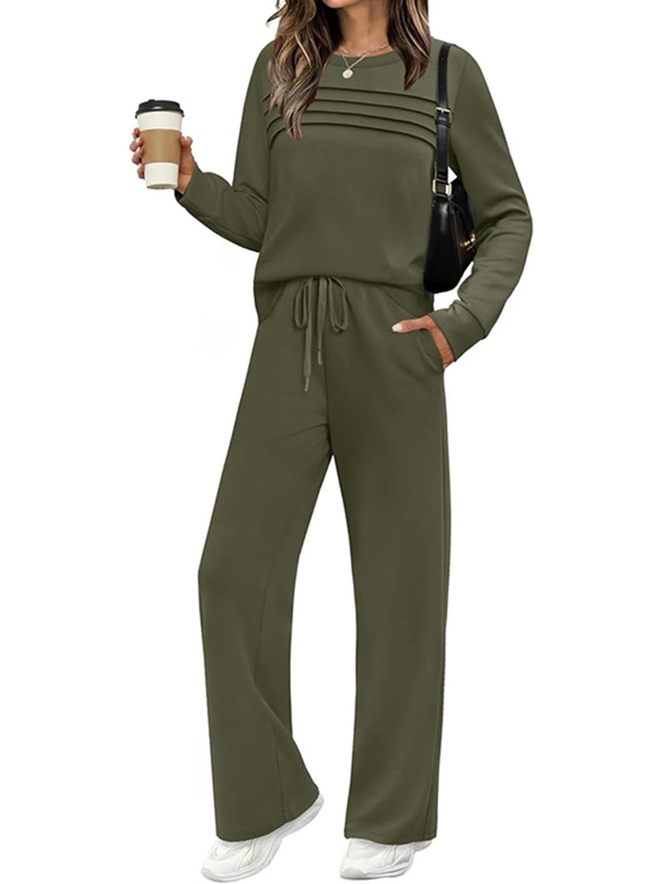 Women's Casual Long Sleeve round Neck Set Elastic Waist Wide Leg Pants Loose Fit Comfortable Outfit for Autumn Fashion