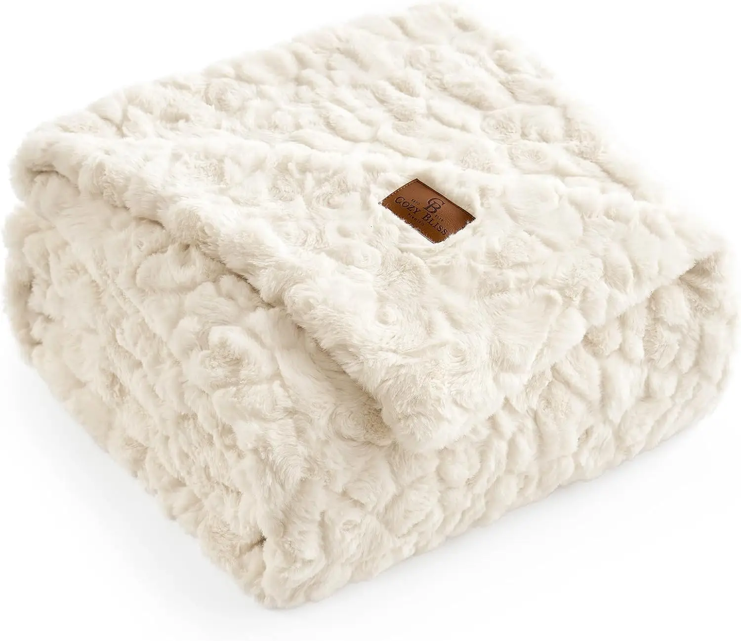 

Cozy Faux Fur Throw Blanket, Soft Plush Warm Reversible Wave Texture, 55x70 Inches Cream White for Couch Bedroom