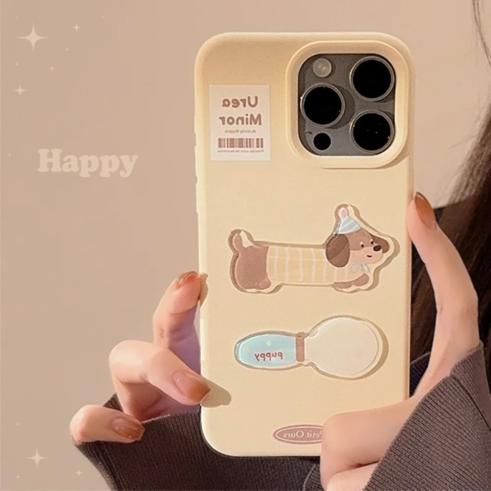 Cute Cartoon Stereoscopic Dachshund Dog Spoon Cover Case for iPhone 16 15 14 13 12 Pro Max Plus Shockproof Protective Phone Case