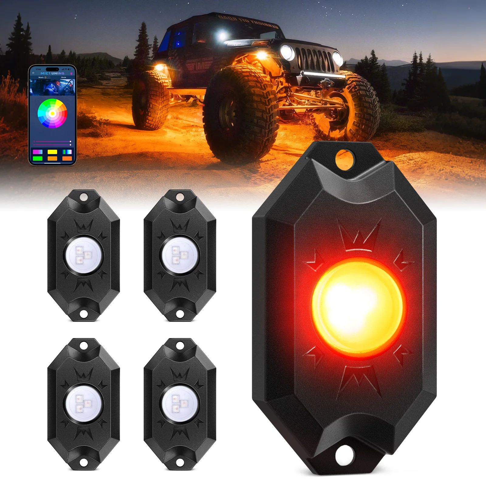 MICTUNING CM 4 Pods RGB LED Rock Light,2nd-Gen Underglow Lights With APP Control,Underbody Lamp Waterproof For Car Vehicle