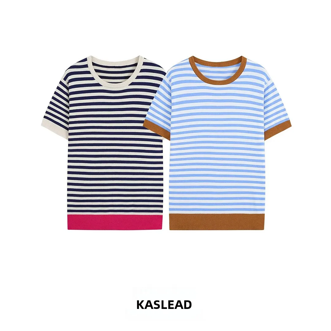 KASLEAD New Women's Fashion Versatile High-End Striped Knitted Top Short Sleeve round Neck Polyester Fiber Spring Season