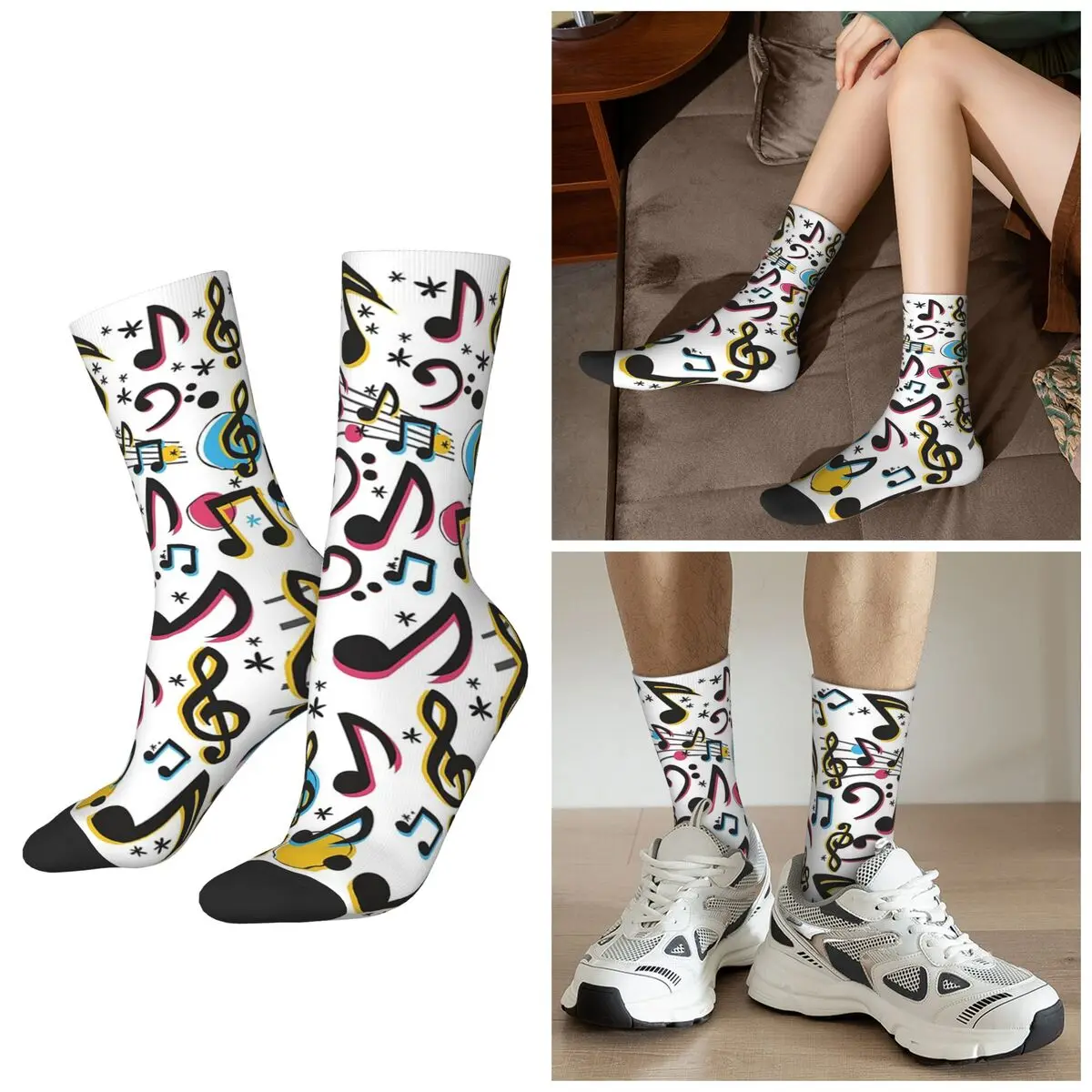All Seasons Crew Stockings Vibrant Musical Note Design Socks Crazy Hip Hop Long Socks for Men Women Valentine's Day Gifts