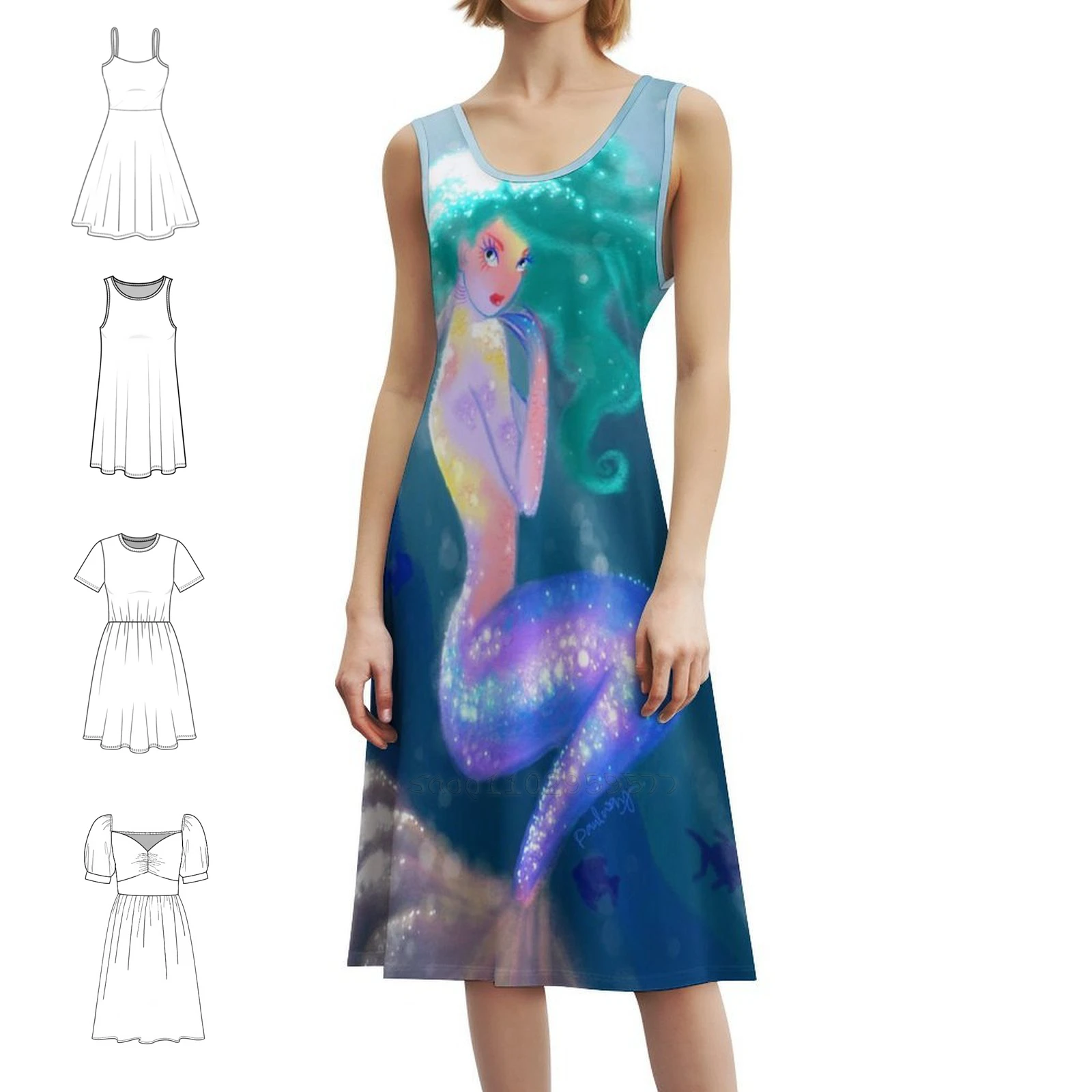 

Тропическое богемное платье без рукавов с русалкой для женщин, пляжные вечерние платья с принтом, Русалка, сирена, фэнтезийный волшебный океанский вечер