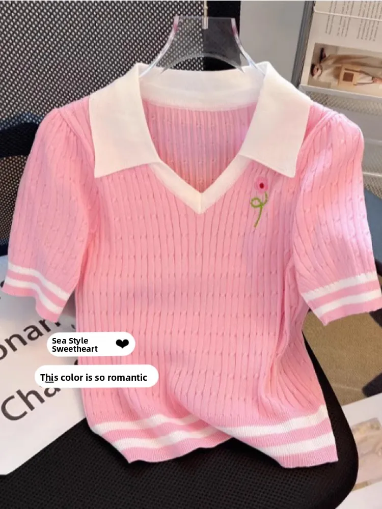 

Pink Neck Short Sleeve T-Shirt Women Summer plus Size Slimming Beautiful Small Shirt Ice Silk Top Korean Style Commute Wind