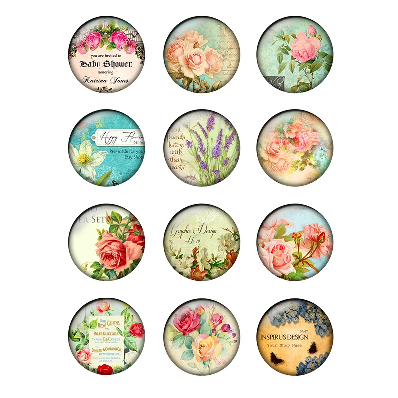 24pcs/lot 10/12/14/16/18/20/25mm Vintage Roses Glass Cabochons Dome Flat Back for Earring Bracelet Ring Base DIY Jewelry H150