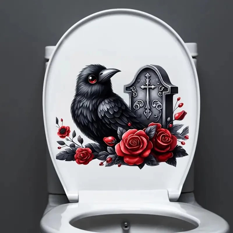 Raven and Red Roses Toilet Lid Decal - Gothic Style, Easy-to-Apply, Decoration for Living Room, Wall, Bedroom, and Home