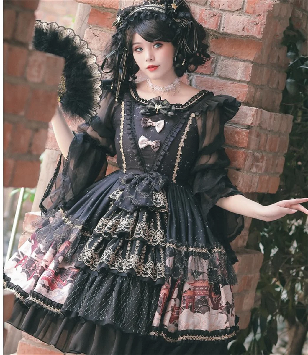 Chinese Retro Style Lolita Op Sweet Girls Cosplay Elegant Print Cloud Crane Wooden Bridge Lace Mesh Bow Puff Sleeve Tunic Dress