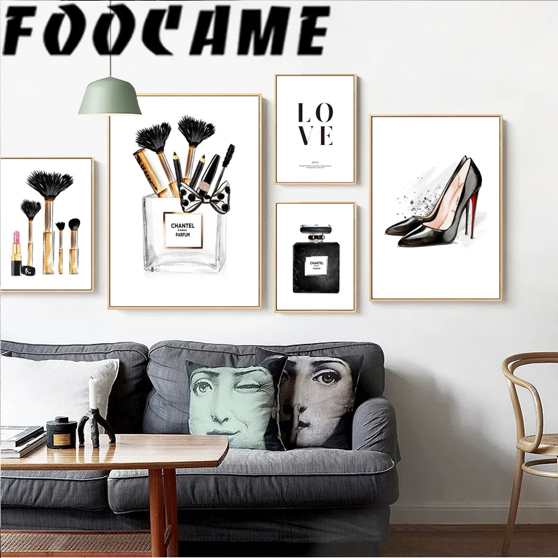 

Perfume Bottle Fashion Canvas Painting High Heels Cosmetic Love Picture Wall Art Poster Print Nordic Room Decorations For Girls